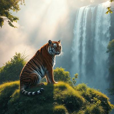 Primary subject: A tiger sitting on a grassy hillside.

Setting/background: The tiger is sitting on a grassy hillside, with a waterfall in the background.

Visual style: The image is a digital art illustration.

Colors and mood: The image has a vibrant and lively atmosphere, with the tiger's orange and black fur contrasting against the green grass and the blue-green waterfall.
